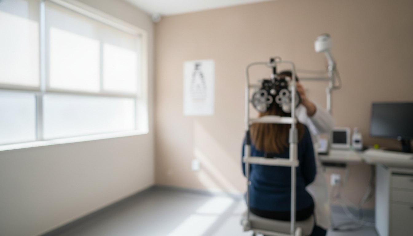 Médico oftalmologista ajustando aparelho de exame de vista em um paciente sentado em consultório claro