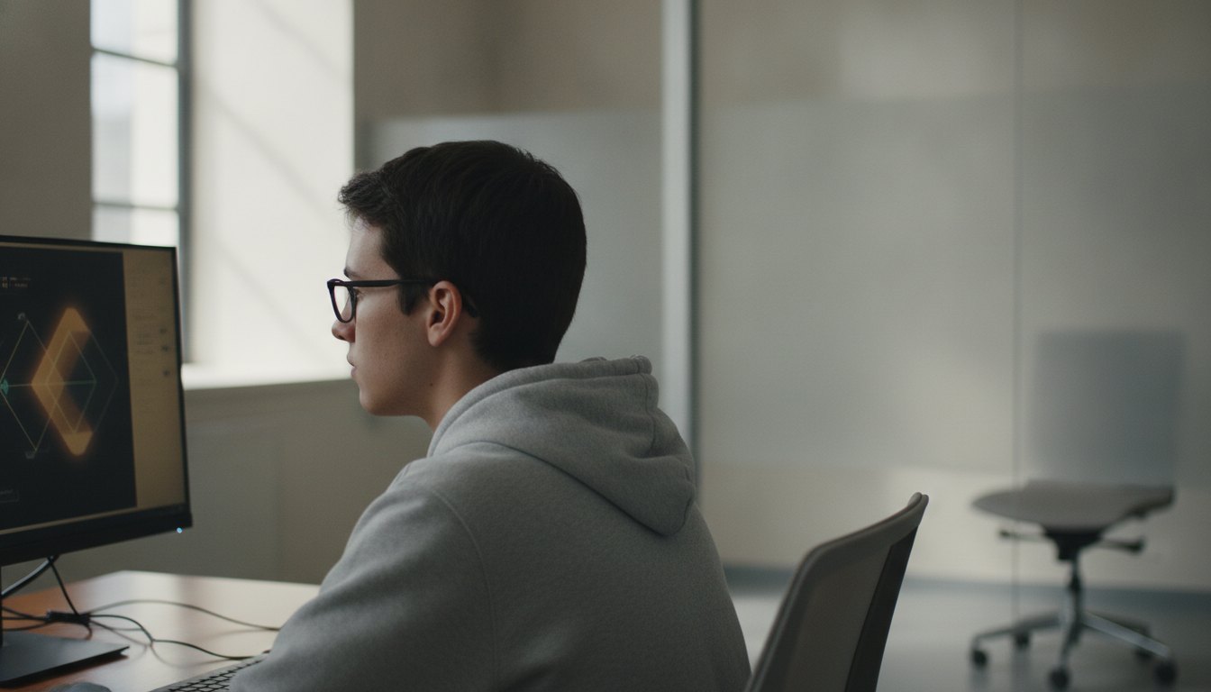Jovem olhando atentamente para a tela de um computador em uma sala de testes iluminada.